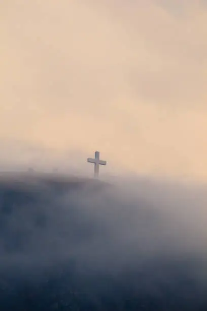 The Millenium Cross on a foggy day, Mostar, Bosnia and Herzegovina