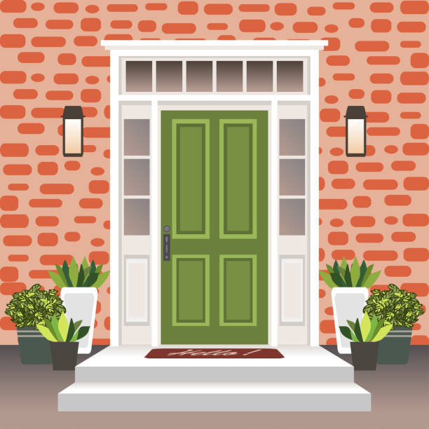 istock House door front with doorstep and steps, lamp, flowers in pots, building entry facade, exterior entrance with brick wall design illustration vector in flat style 1093894792