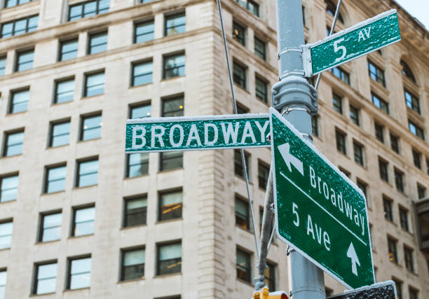 Broadway Sign and Blurred Lights of Broadway Avenue Behind. 