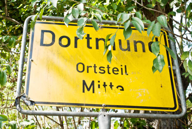 istock Weathered yellow motorway sign in Dortmund - Germany 1093898508