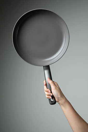 pan fry with hand on grey background utensil kitchen for cooking