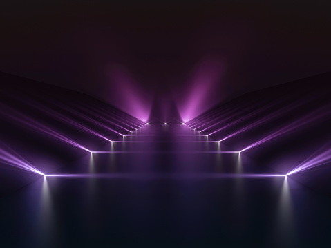 Background of empty dark podium with pink and purple lights