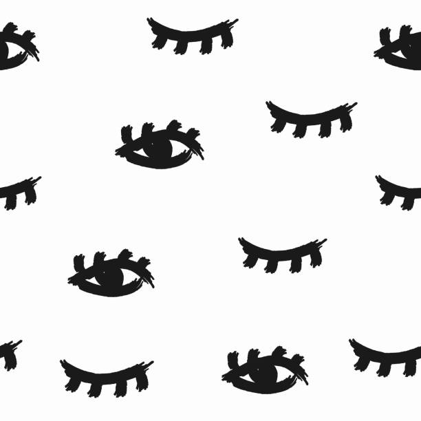 Repeated closed and open eyes drawn by hand with a rough brush. Simple seamless pattern. Sketch, grunge, watercolour, paint. Repeated closed and open eyes drawn by hand with a rough brush. Simple seamless pattern. Sketch, grunge, watercolour, paint. Monochrome vector illustration. drawing of eye wink stock illustrations