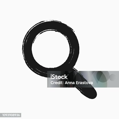 istock Magnifying glass drawn by hand with a rough brush. Search icon. Sketch, watercolour, grunge, paint, graffiti. Black symbol isolated on white background. 1093908936
