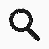 istock Magnifying glass drawn by hand with a rough brush. Search icon. Sketch, watercolour, grunge, paint, graffiti. Black symbol isolated on white background. 1093908936