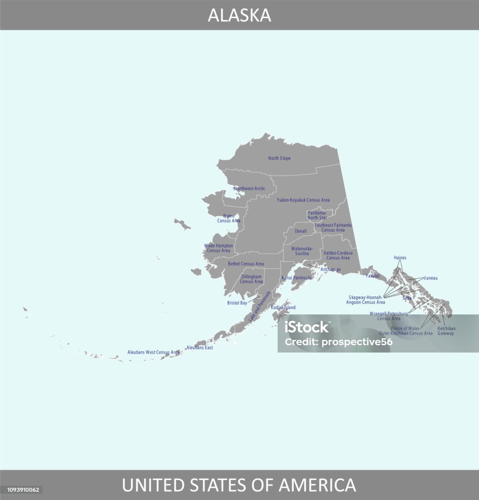 Alaska county map vector outline gray background. Counties map of Alaska state of USA in a creative design The map is accurately prepared by a map expert. Alaska - US State stock vector