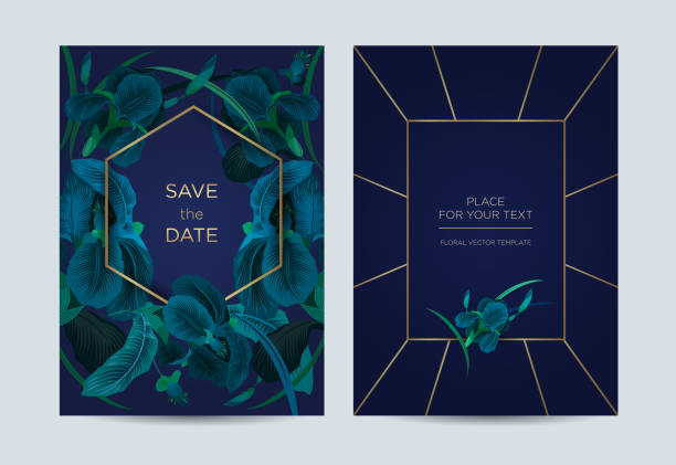 nvitation card in baroque floral style. Irises on a blue background. It can be used as a template for weddings, special events, concerts and exhibitions. blue iris stock illustrations