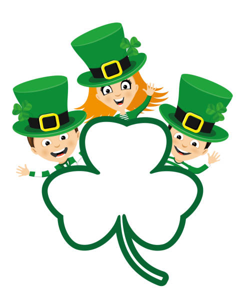 ilustraciones, imágenes clip art, dibujos animados e iconos de stock de los niños y la hoja de trébol. - st patricks day irish culture child leprechaun