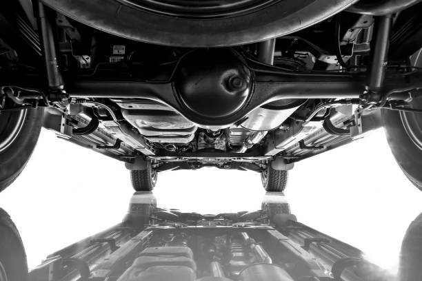 Suspension car, Chassis, Spare tire, Axle on black and white Suspension car, Chassis, Spare tire, Axle on black and white chassis photos stock pictures, royalty-free photos & images