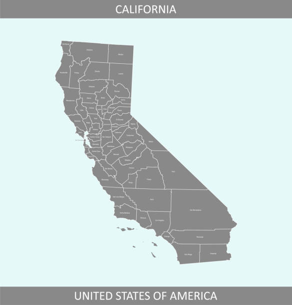 ilustrações, clipart, desenhos animados e ícones de califórnia mapa condado de contorno cinza de fundo vector. mapa de califórnia do estado do alasca de eua em um design criativo - merced county