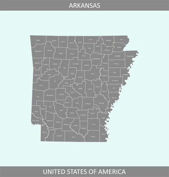 Vector illustration of Arkansas county map vector outline gray background. Counties map of Arkansas state of USA in a creative design