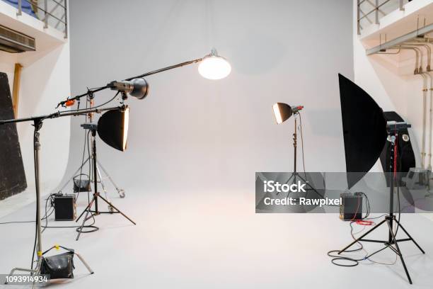 Empty Studio With Photography Lighting Stock Photo - Download Image Now - Studio Shot, Photo Shoot, Studio - Workplace