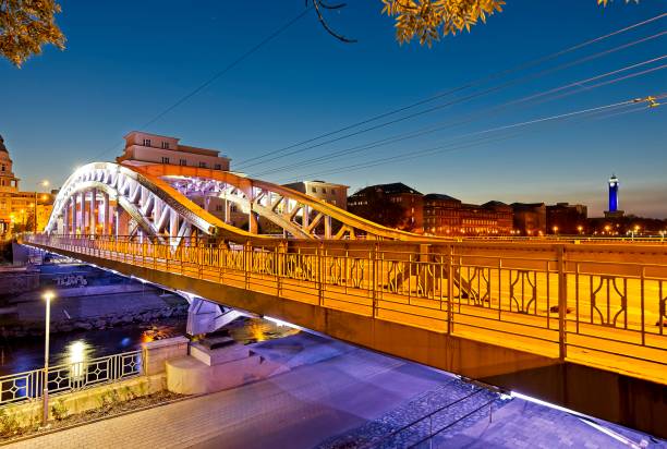 Bridge acros river Ostravice in Ostrava in the evening