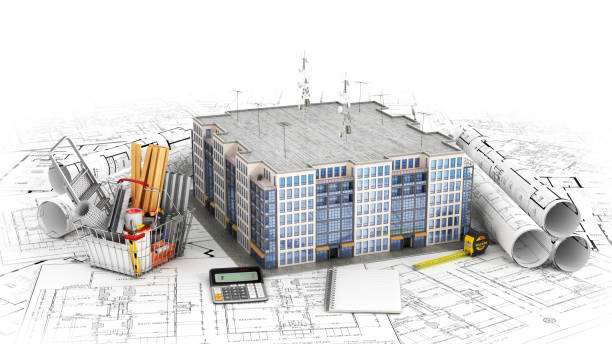 istock Residential house with tools on architect blueprints. Housing project. 3d 1093917730