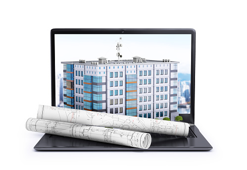 laptop, on which is located a multi-storey building and rolls with drawings. 3d illustration