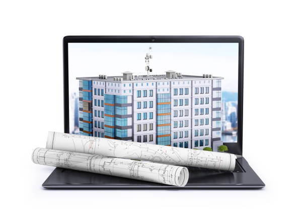 laptop, on which is located a multi-storey building and rolls with drawings. 3d illustration laptop, on which is located a multi-storey building and rolls with drawings. 3d illustration autocad house plans stock pictures, royalty-free photos & images