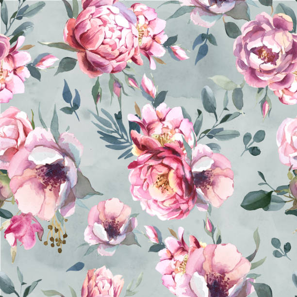 istock Seamless pattern of peony and blosom flowers on splash background. Floral element for wedding and invitation cards, for valentine cards and prints 1093920106