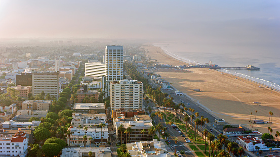Aerial view of cityscape with Santa Monica Pier and beach, Santa Monica, Los Angeles, California, USA.