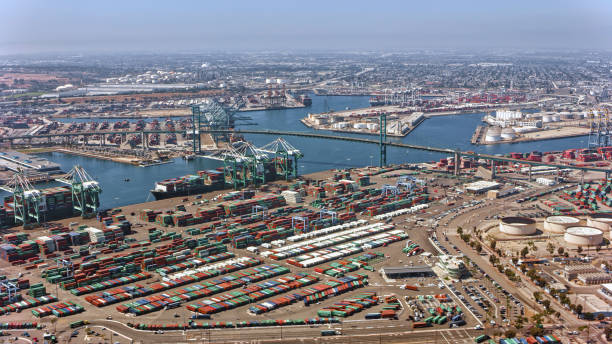 Aerial view of Vincent Thomas Bridge and harbour