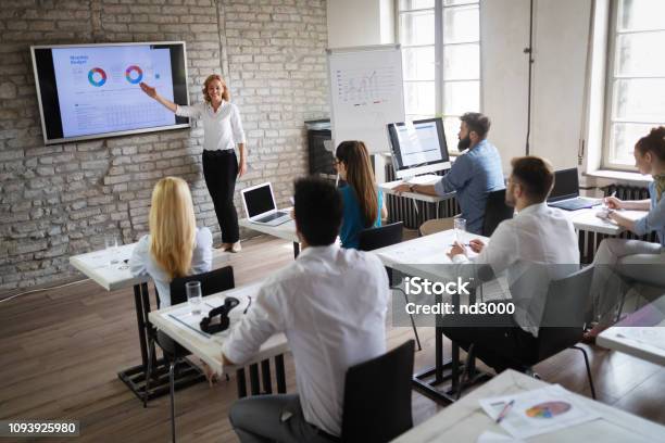 Successful Happy Group Of People Learning Software Engineering And Business During Presentation Stock Photo - Download Image Now