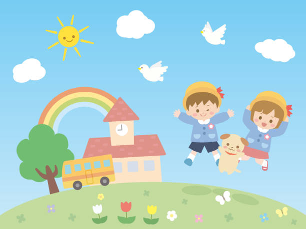 ilustrações, clipart, desenhos animados e ícones de jardim de infância children3 - tulip field flower cloud