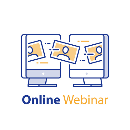 Webinar concept, online communication, internet seminar, web meeting, distant learning, viral video, social media, fast training course, vector line icon
