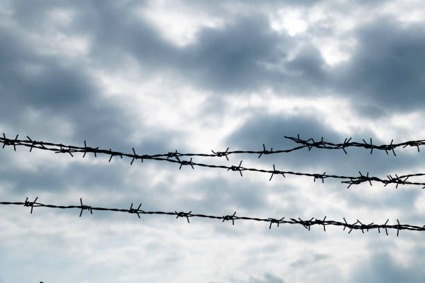 istock Barbered wire fence under dark sky 1093932988