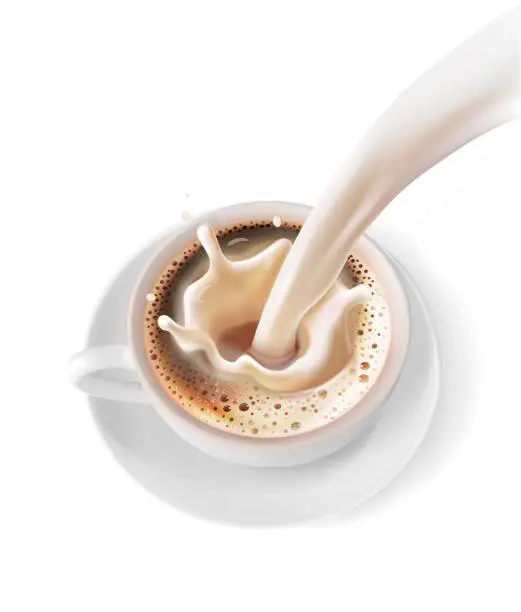 Vector illustration of A cup of coffee with a splash of milk. Vector illustration on white background.