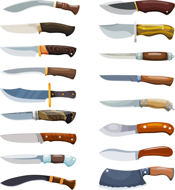 ilustrações de stock, clip art, desenhos animados e ícones de large set of color images of criminal knives on a white background. vector illustration of a collection of knives in the style of cartoon - weapon dagger hunting hunter