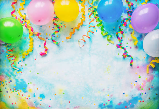 Festival, carnival or birthday party frame with balloons, streamers and confetti Festival, carnival or birthday party frame with balloons, streamers and confetti on colorful background with copy space carnival celebration event photos stock pictures, royalty-free photos & images
