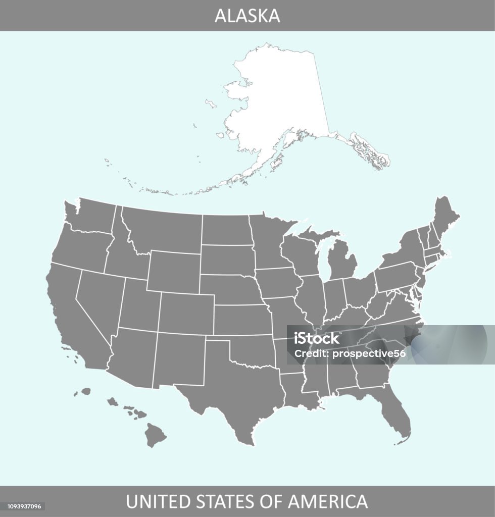 USA map vector outline illustration with highlighted state of Alaska in a creative graphic design The map is accurately prepared by a map expert. Accuracy stock vector