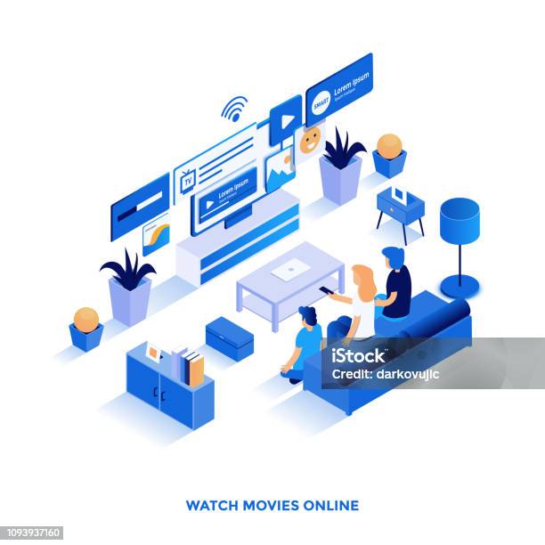 Flat Color Modern Isometric Illustration Design Watch Movies Online Stock Illustration - Download Image Now