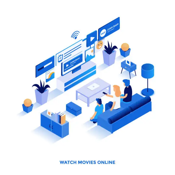 Vector illustration of Flat color Modern Isometric Illustration design - Watch Movies Online