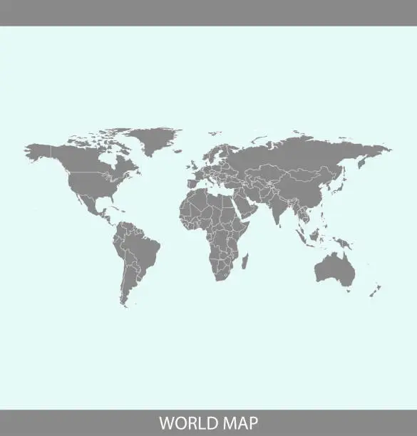 Vector illustration of Highly detailed World map vector outline illustration with countries borders in gray background