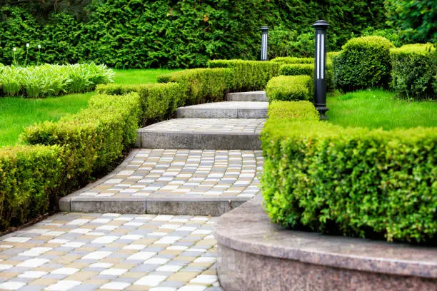 A paved stepped path in a beautiful park passes through a green lawn with decorative flowers, framed on both sides with cut bushes and lanterns under soft sunlight