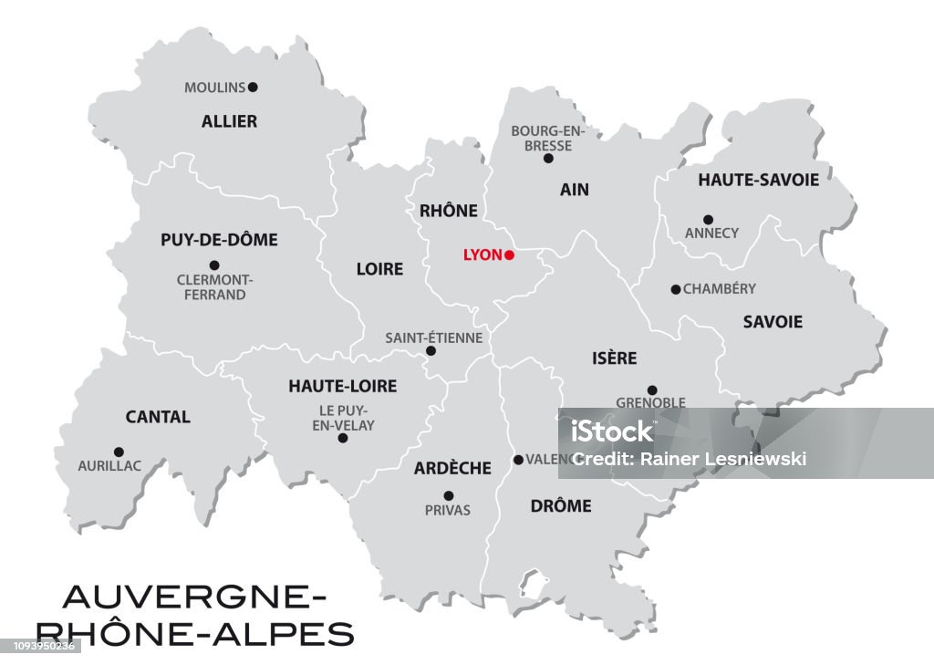 simple gray administrative map of the new french region Auvergne-Rhone-Alpes Auvergne-Rhône-Alpes stock vector
