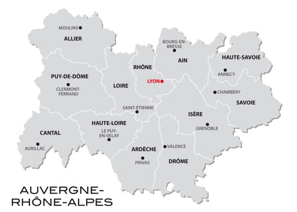 simple gray administrative map of the new french region Auvergne-Rhone-Alpes simple gray administrative map of the new french region Auvergne-Rhone-Alpes auvergne rhône alpes stock illustrations