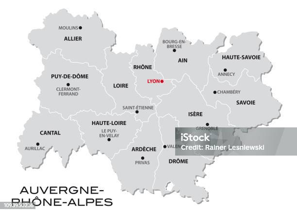 Simple Gray Administrative Map Of The New French Region Auvergnerhonealpes Stock Illustration - Download Image Now