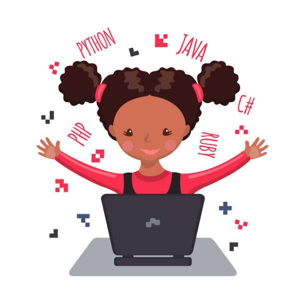 African American happy girl learning coding. Cute African American happy girl sitting at laptop and learning coding. Vector illustration isolated on white background. Design for banner, poster or website. girls coding stock illustrations