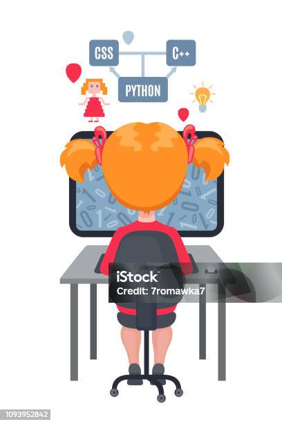 Girl Sitting At Laptop And Learning Coding Stock Illustration - Download Image Now - Child, Computer Language, Coding