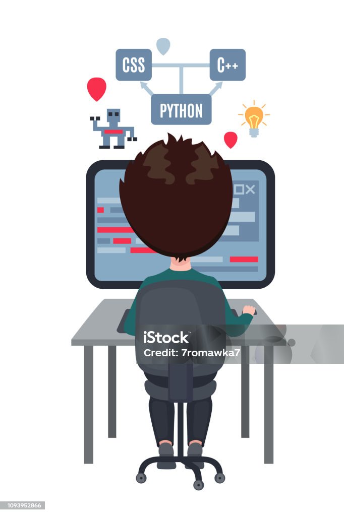 Boy Learning Coding On Laptop Isolated On White Stock Illustration ...