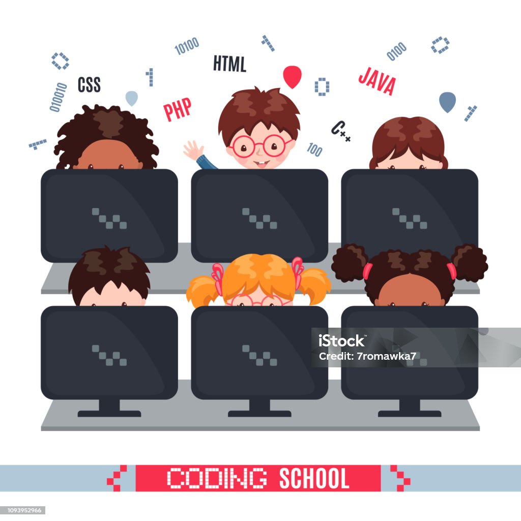 Student Coding Graphic Kids Learn Coding On Laptops In School Stock Illustration - Download ...