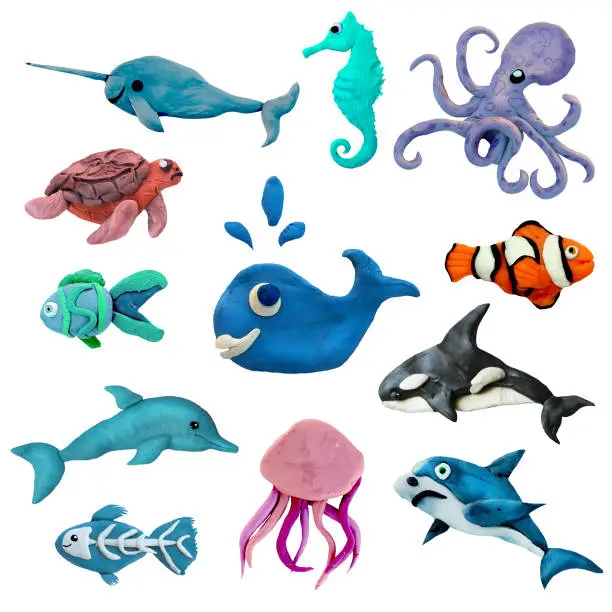 Photo of Colorful plasticine 3D sea animals  icons set isolated on white background