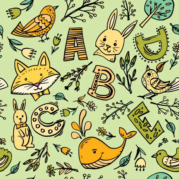 Vector illustration of Cute A B C Chidlrens Doodled Pattern