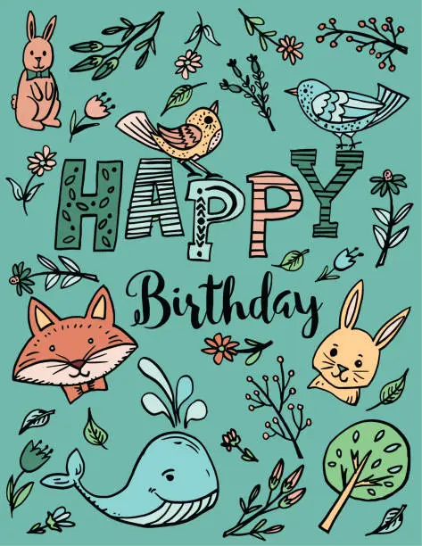 Vector illustration of Cute A B C Chidlrens Doodles Birthday Card