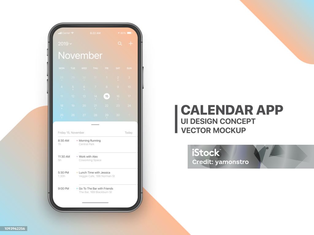 Vector Calendar App UI Concept Calendar App Concept November 2019 Page with To Do List and Tasks UI UX Design Mockup Vector on Frameless Smartphone Screen Isolated on White Background. Planner Application Template for Mobile Phone Calendar stock vector