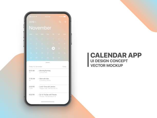 Vector Calendar App UI Concept Calendar App Concept November 2019 Page with To Do List and Tasks UI UX Design Mockup Vector on Frameless Smartphone Screen Isolated on White Background. Planner Application Template for Mobile Phone phone calendar stock illustrations