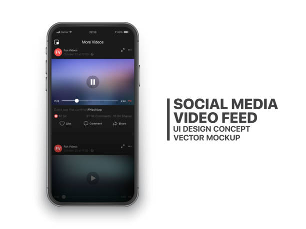 Mobile Social Media Video Feed Vector UI Concept Social Media Video Feed Vector UI Concept for Social Network on Photo Realistic Frameless Smartphone Screen Isolated on White Background. Online TV Watching on Mobile Device podcast mobile stock illustrations