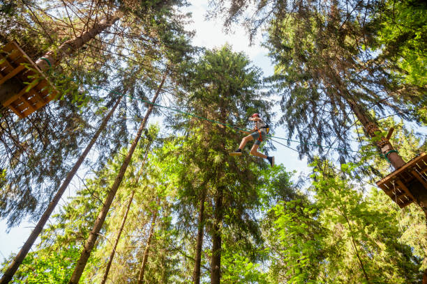 rapaz adolescente em um curso de cordas em um parque de aventura de copas passando tirolesa - high up obstacle course ropes course teenage boys - fotografias e filmes do acervo