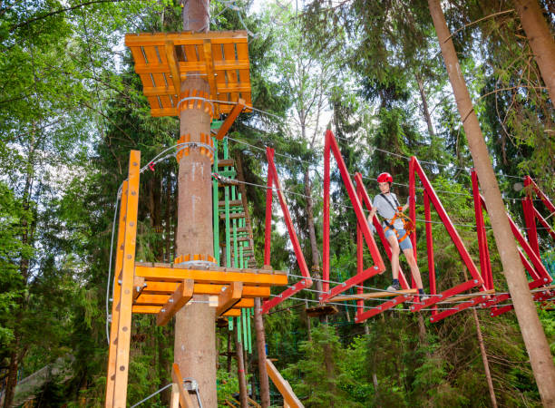 rapaz adolescente em um curso de cordas de uma passagem de parque de aventura copa pendurado o obstáculo de corda - high up obstacle course ropes course teenage boys - fotografias e filmes do acervo